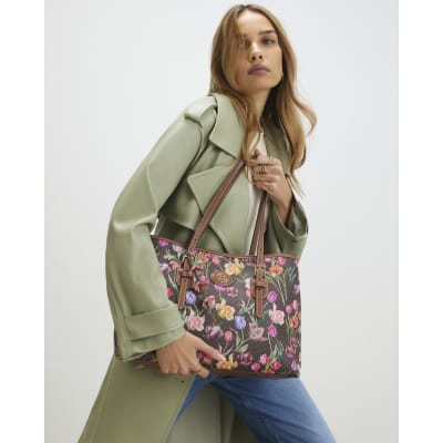 Brown Floral Monogram Buckle Shopper Bag