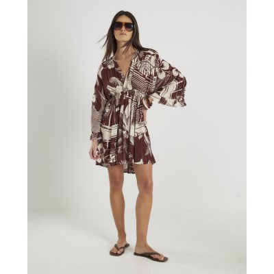 Brown Floral Printed Mini Beach Dress
