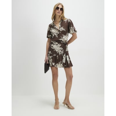 brown lace satin dress Floral Mini T-Shirt Summer Dress in Brown main image 0