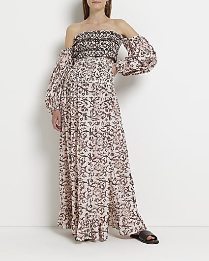 Brown floral shirred maternity maxi skirt