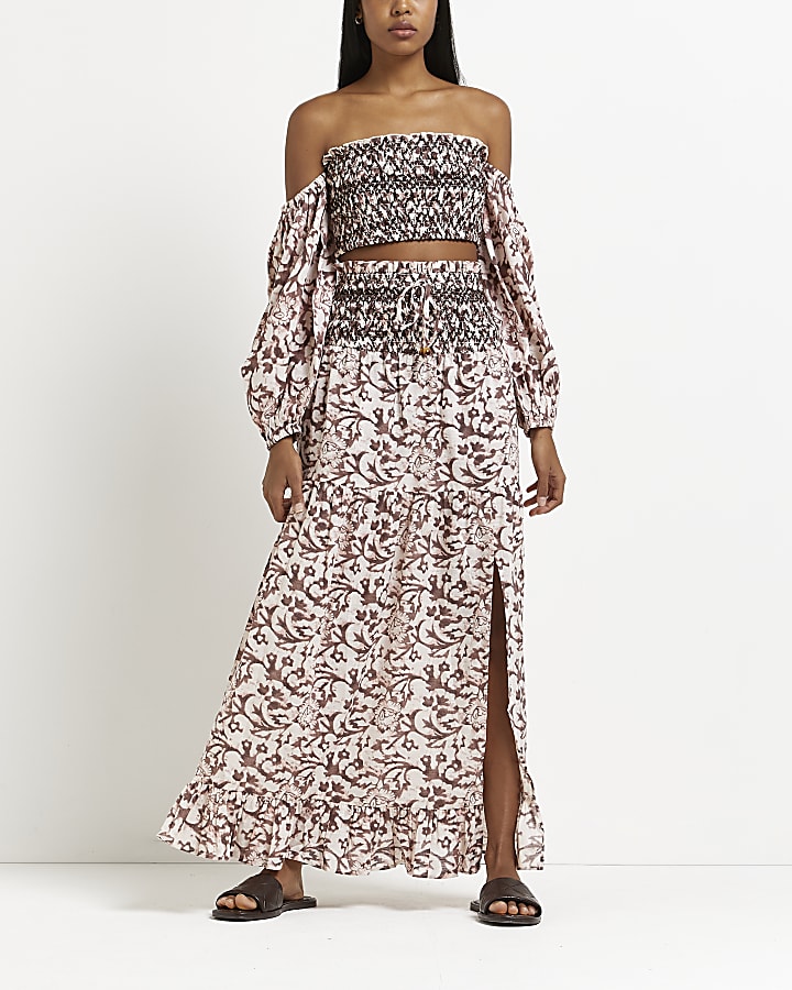 Brown floral shirred maxi skirt