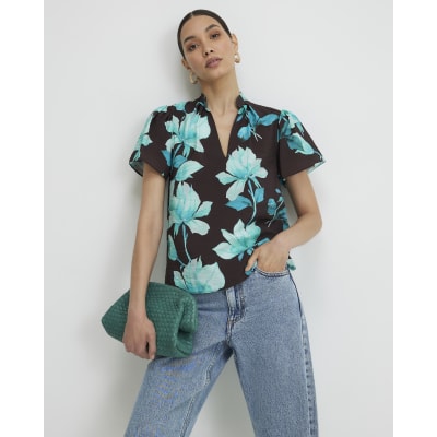 Brown Floral Short Sleeve Blouse