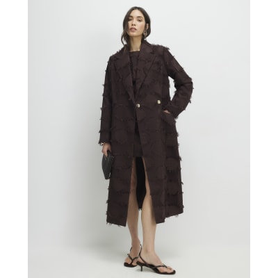 Brown Fringe Jacquard Longline Duster Coat