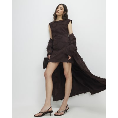 Brown Fringe Jacquard Sleeveless Mini Dress