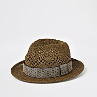 Brown geo tape straw trilby hat