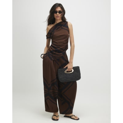 Brown Geometric Print Balloon Leg Trousers