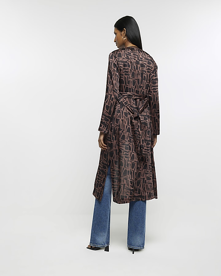 Brown geometric print longline duster jacket