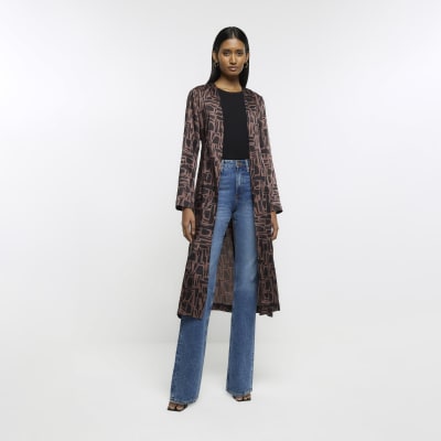 Brown geometric print longline duster jacket | River Island