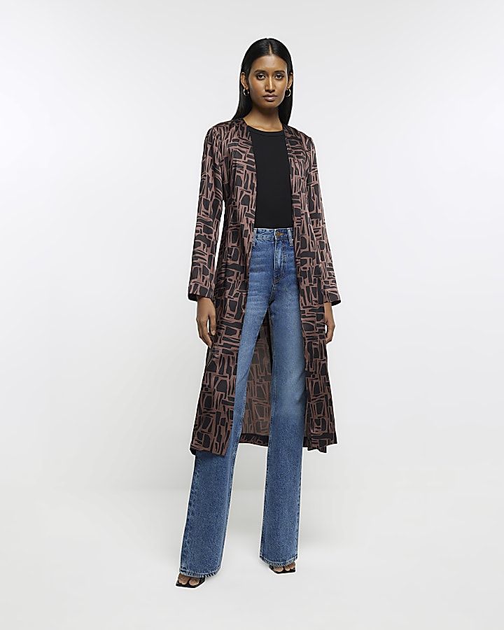 Brown geometric print longline duster jacket