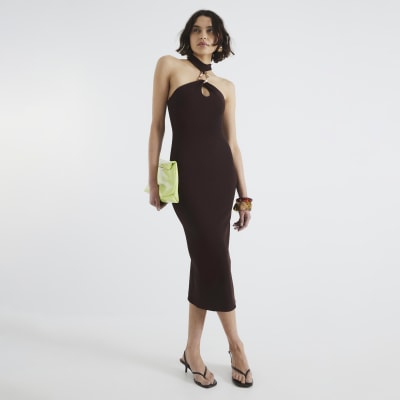 Brown Halter Neck Gold Ring Midi Dress