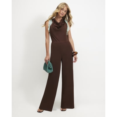 Brown Halter Neck Lace Trim Jumpsuit
