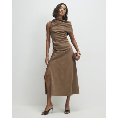 Brown Hammered Faux Leather Cowl Neck Dress