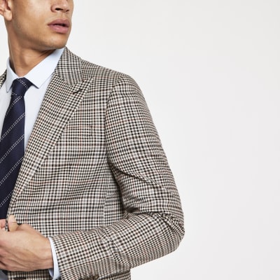 Brown heritage check skinny fit suit jacket