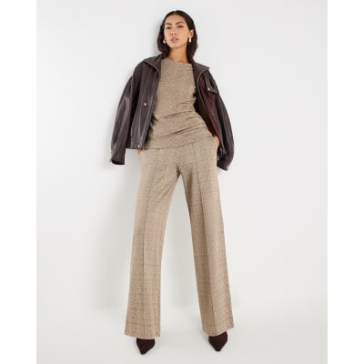 Brown Herringbone Wide Leg Trousers