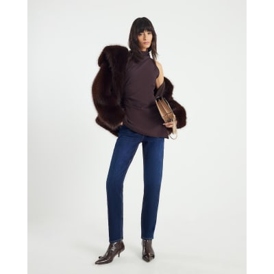 Brown High Neck Asymmetric Peplum Top