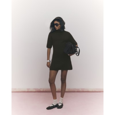 Brown High Neck Cosy Mini Dress