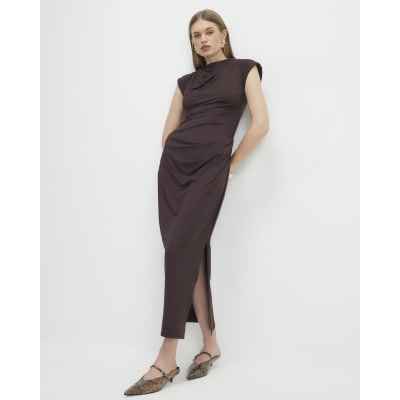 Brown High Neck Ruched Midi Dress