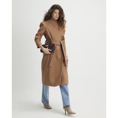 Brown High Neck Wrap Belted Coat