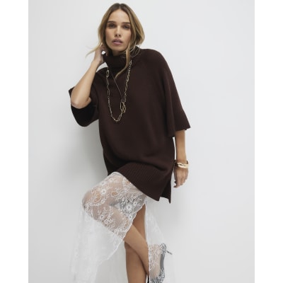 Brown Hybrid Lace Hem Midi Dress
