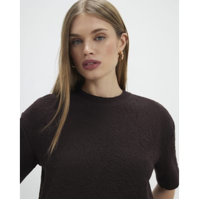 Brown Jacquard Short Sleeve Boxy T-shirt