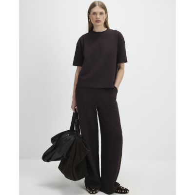 Brown Jacquard Wide Leg Trousers