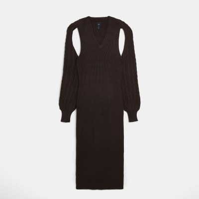 Brown knit cut out bodycon midi dress