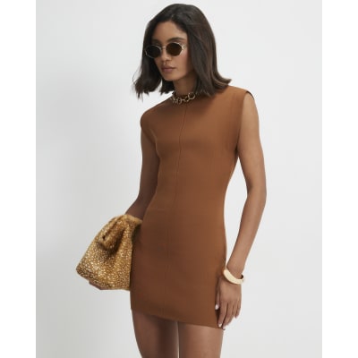 river island brown dress Brown Metallic Knit Asymmetric Midi Dress