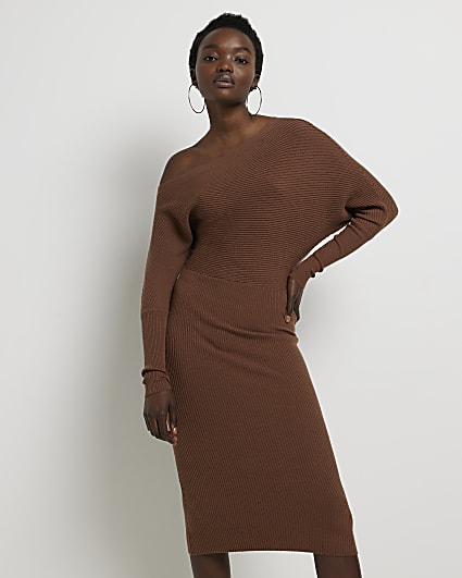 Brown knit off shoulder jumper midi dress