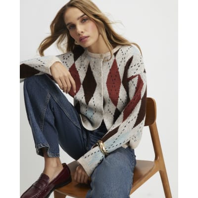 Brown Knitted Argyle Cardigan