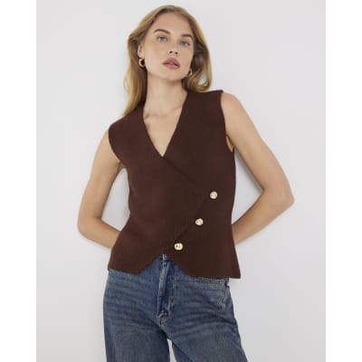 Brown Knitted Asymmetric Waistcoat