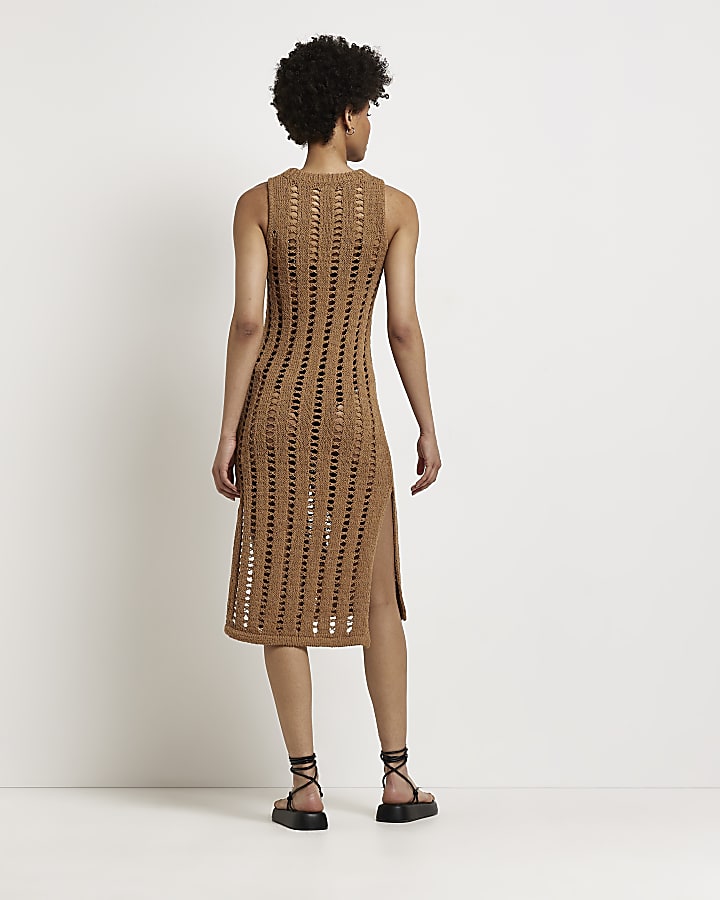 Brown knitted bodycon midi dress
