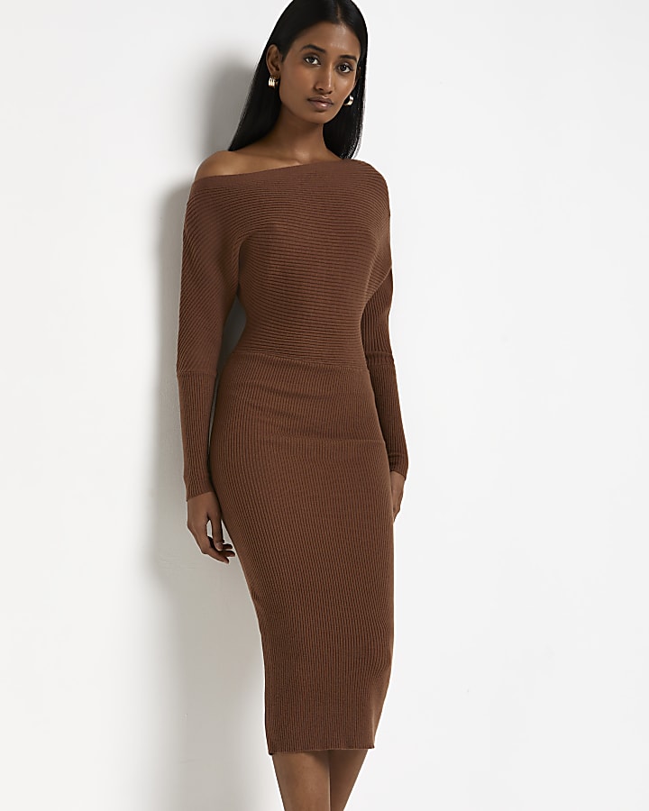 Brown knitted bodycon midi dress ...