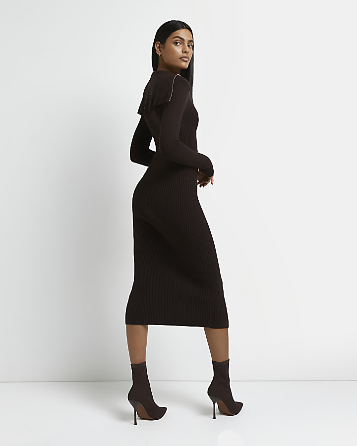 Brown knitted bodycon midi dress