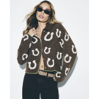 Brown Knitted Collared Horseshoe Cardigan