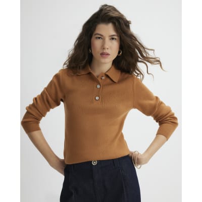 Brown Knitted Embellished Button Polo Top