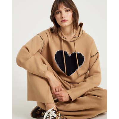 Brown Knitted Heart Hoodie
