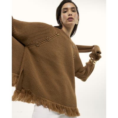 Brown Knitted Long Sleeve Fringed Hem Jumper