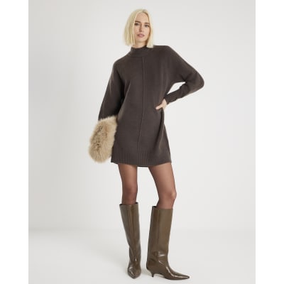 Brown Knitted Long Sleeve Jumper Dress