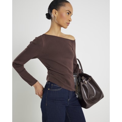 Brown Knitted Long Sleeve Off Shoulder Top