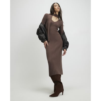 Brown Knitted Long Sleeve Tie Neck Midi Dress