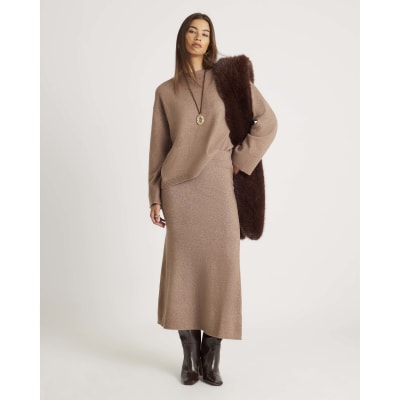 Brown Knitted Midi Skirt