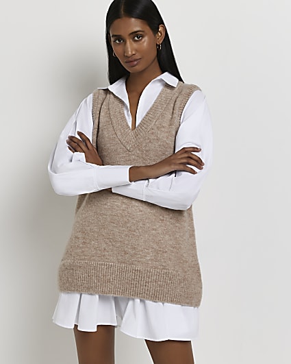 Brown knitted mini shirt dress
