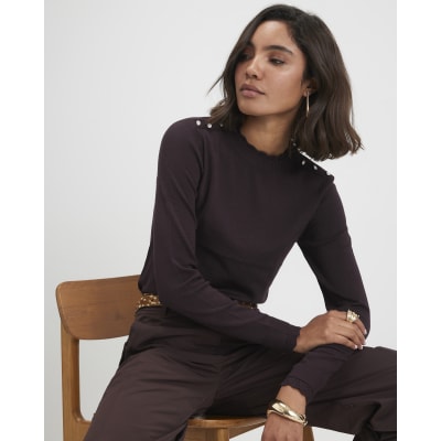 Brown Knitted Pointelle Trim Long Sleeve Top
