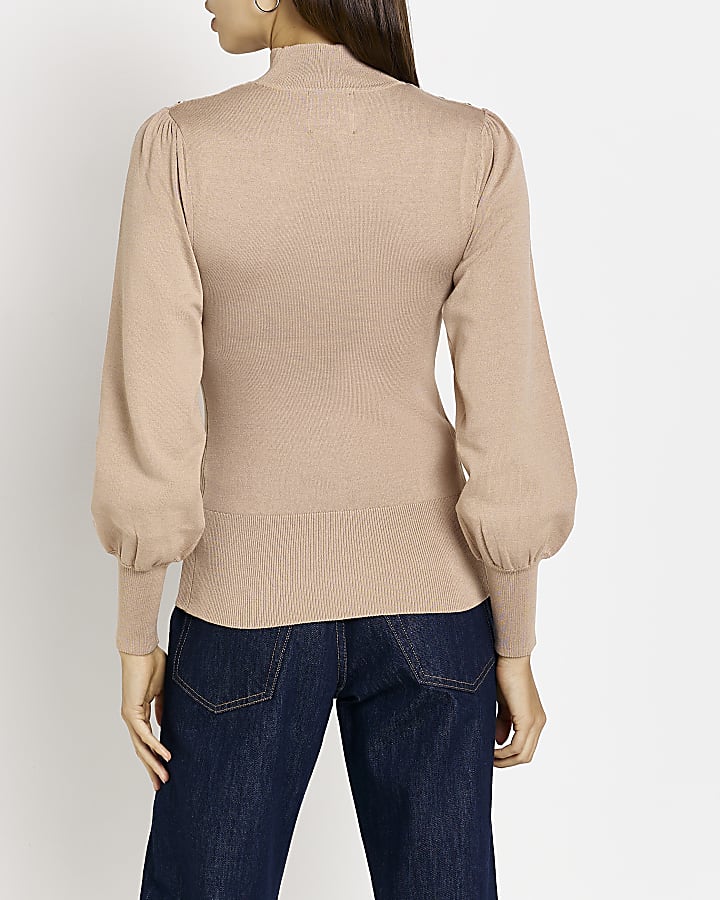 Brown knitted puff sleeve jumper