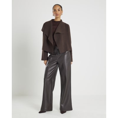 Brown Knitted Short Waterfall Cardigan