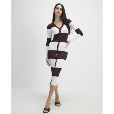 Brown Knitted Striped Midi Dress