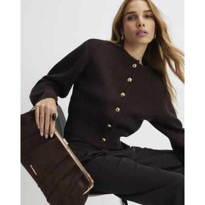 Brown Knitted Structured Sleeve Cardigan