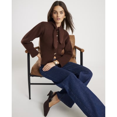 Brown Knitted Tie Neck Cardigan