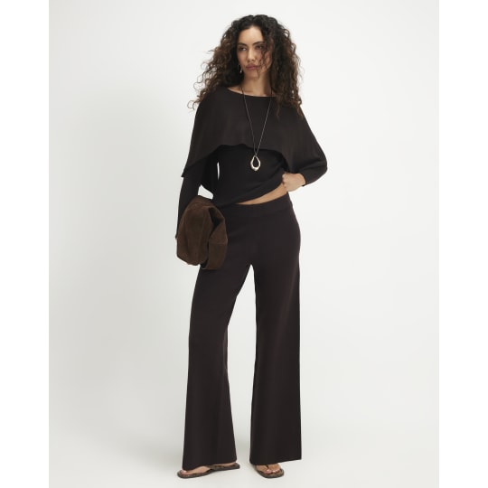 River Island Brown Knitted Wide Leg Trousers
