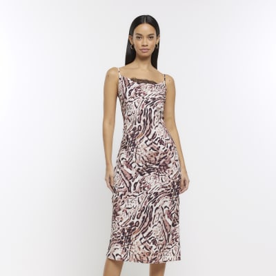 Brown lace cowl neck midi slip dress